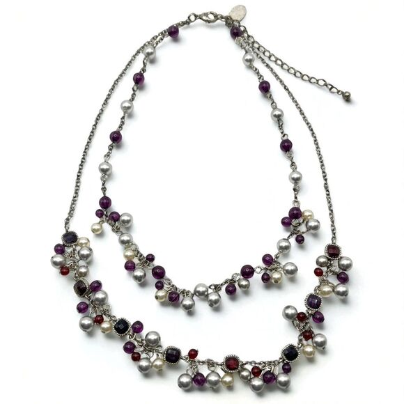 Laila Rowe Layered Necklace Antiqued Silver Tone Purple Red Dangle Bead Boho - Picture 4 of 12